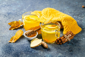 Fall immune system booster - ginger and turmeric tea and ingredients