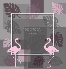 Pink flamingo with tropical leaves. Romantic background, poster, invitation, flyer or card. Modern cover page in vector.