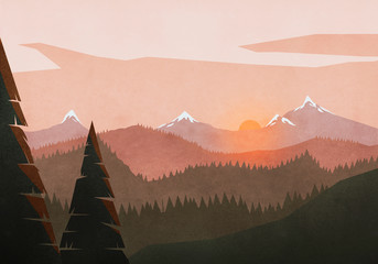 Idyllic, tranquil sunset view over mountain and forest landscape