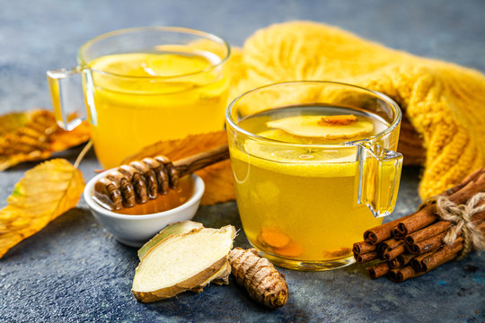 Fall immune system booster - ginger and turmeric tea and ingredients