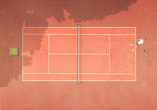 View from above defeated man laying on clay tennis court surrounded by tennis balls