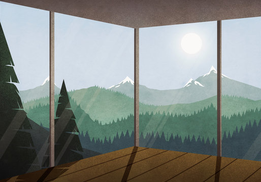 View of sun shining over idyllic mountain and forest landscape from glass house
