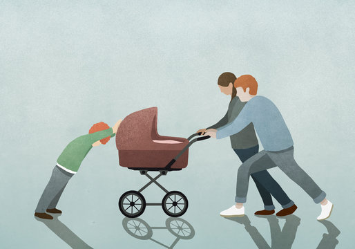 Child resisting parents pushing baby stroller