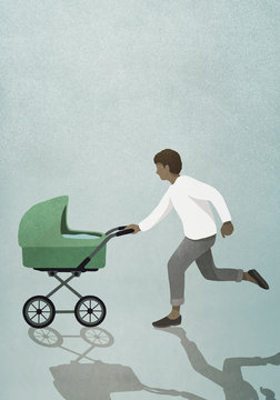 Father running with baby stroller