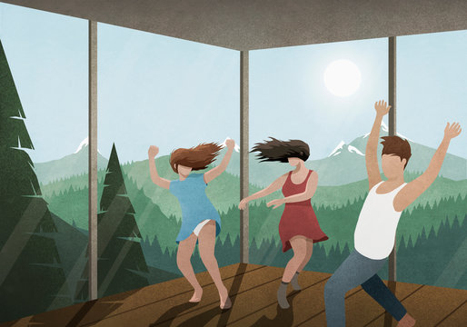 Carefree friends dancing in glass house with sunny mountain and forest view