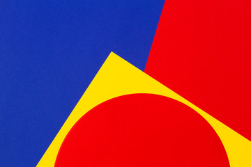 Texture background of fashion papers in memphis geometry style. Yellow, blue, red colors. Top view, flat lay