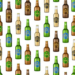 Realistic Detailed 3d Glass Beer Bottles Seamless Pattern Background. Vector