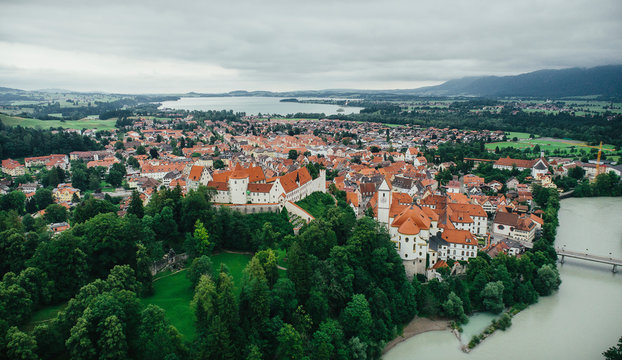 Drone point of view townscape, Fuessen, Bayern, Germany