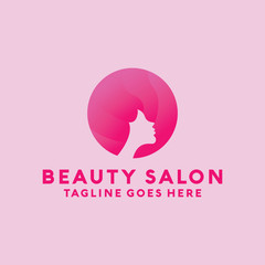 Beauty Salon Logo Design with female Face and Haircut for Stylist. Modern Gradient for Beauty with Glamorous Woman Hair Stylish.
