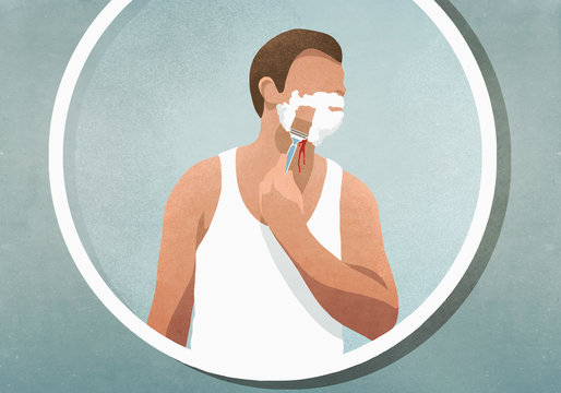 Man shaving his face, bleeding in mirror