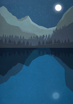 Moonlight shining over tranquil mountain lake
