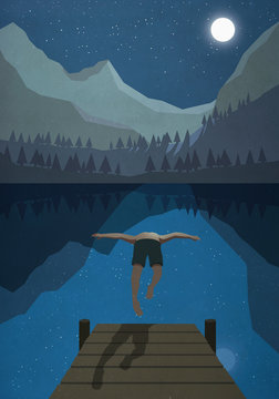 Moonlight shining over man jumping off dock into tranquil mountain lake