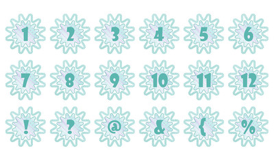 Abstract figure of a flower with a number. Element for scrapbooking, banner, postcard, design project. Polka dot and striped background in turquoise colors.
