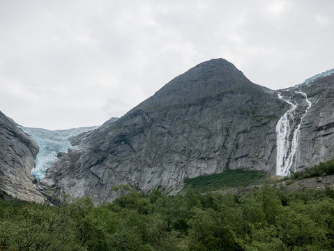 Scenic view Jostedalsbreen Glacier and waterfall, Jostedalsbreen National Park, Norway
