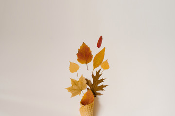 Autumn ice cream with fallen yellow leaves in a waffle Cup on a beige background. Autumn menu concept. Flat lay and copy space