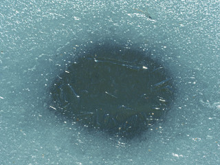 Ice hole in the ice for winter fishing. Cracks and hole in ice on pond dark ice in hole from stone. Children game