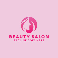 Beauty Salon Logo Design with female Face and Haircut for Stylist. Modern Gradient for Beauty with Glamorous Woman Hair Stylish.