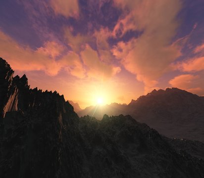 Sunset in the mountains. The sun over the mountains. Mountains at sunset, 3D rendering