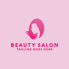 Beauty Salon Logo Design with female Face and Haircut for Stylist. Modern Gradient for Beauty with Glamorous Woman Hair Stylish.