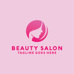 Beauty Salon Logo Design with female Face and Haircut for Stylist. Modern Gradient for Beauty with Glamorous Woman Hair Stylish.