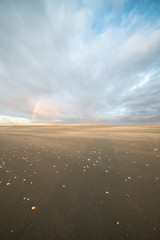 Shower with rainbow on the dutch beach on a windy day