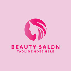 Beauty Salon Logo Design with female Face and Haircut for Stylist. Modern Gradient for Beauty with Glamorous Woman Hair Stylish.