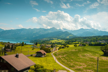 Fototapeta na wymiar Beautiful swiss landscape. View from the train to a small village near the lake, mountains. Picturesque and gorgeous scene. Switzerland