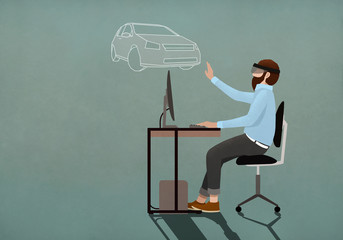 Man with virtual reality simulator glasses online shopping for car