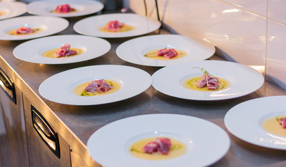  Fine dining. Closeup of food stylish. Restaurant serving.