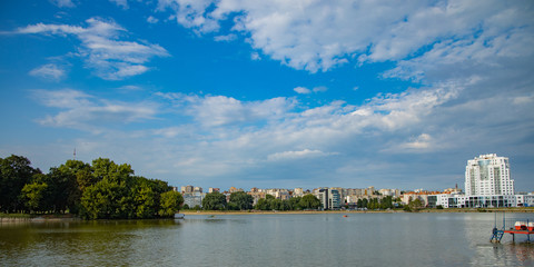 Fototapeta na wymiar Ukrainian panorama city river waterfront building landmark photography in poor harbor district 