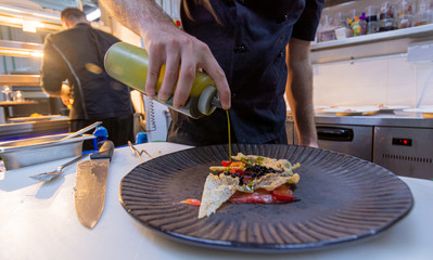  Fine dining. Closeup of food stylish. Restaurant serving.