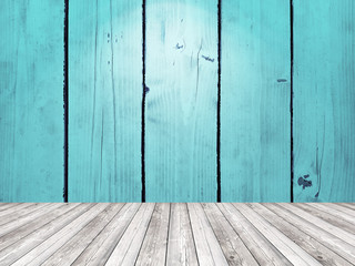 Blue wooden wall and floor in empty room