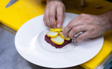  Fine dining. Closeup of food stylish. Restaurant serving.