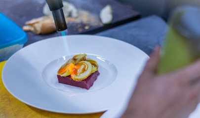  Fine dining. Closeup of food stylish. Restaurant serving.