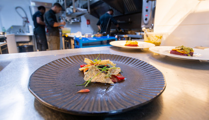  Fine dining. Closeup of food stylish. Restaurant serving.