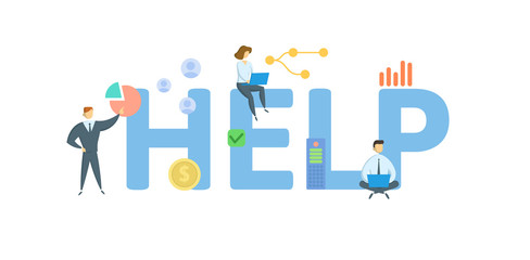 HELP. Concept with people, letters and icons. Colored flat vector illustration. Isolated on white background.