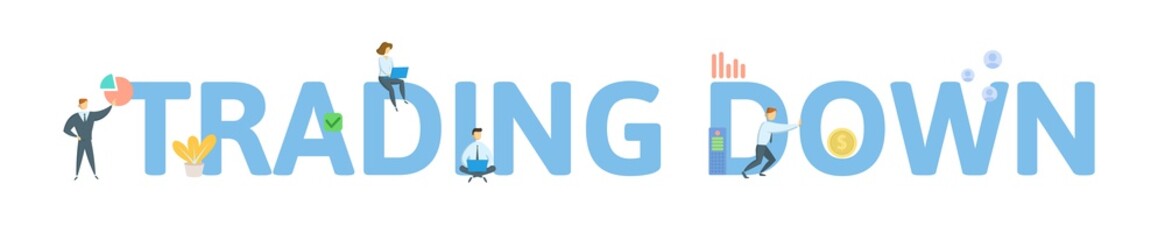 TRADING DOWN. Concept with people, letters and icons. Colored flat vector illustration. Isolated on white background.