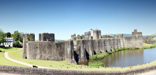 Fototapeta na wymiar panoramic view to Caerphilly Castle from the 13th century in Caerphilly near Cardiff, Wales, UK