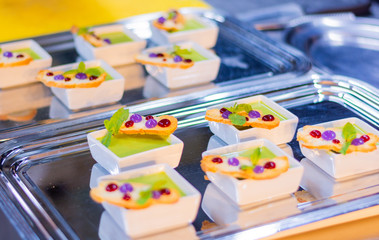  Fine dining. Closeup of food stylish. Restaurant serving.