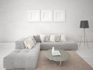 Mock up a modern living room with an original corner sofa and a light hipster backdrop.