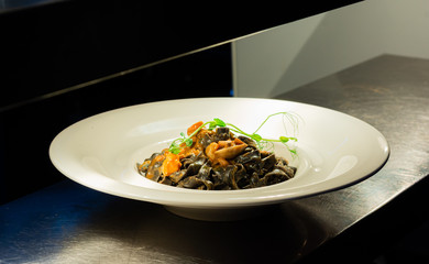  Fine dining. Closeup of food stylish. Restaurant serving.