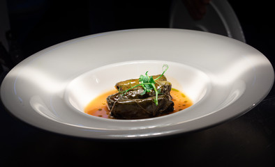  Fine dining. Closeup of food stylish. Restaurant serving.