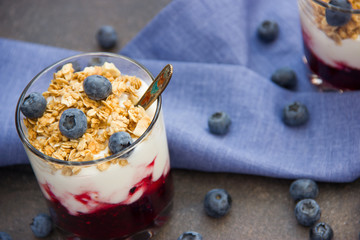 Granola with yogurt and blueberries over background. Cereal and fruit breakfast