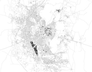 Satellite map of Jaipur, India. It is the capital and the largest city of the Indian state of Rajasthan. Map of streets and buildings of the town center