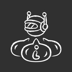 Informational bot chalk icon. Robot virtual assistant. Artificial intelligence. Web robot in online networks. Access to data. Machine learning, software app. Isolated vector chalkboard illustration