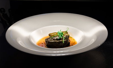  Fine dining. Closeup of food stylish. Restaurant serving.
