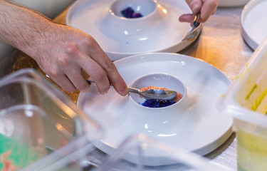  Fine dining. Closeup of food stylish. Restaurant serving.