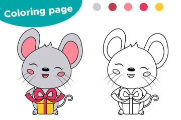 Obraz na płótnie Canvas Educational coloring page for kids. Cute cartoon kawaii mouse with gift. Birthday theme. Vector illustration.