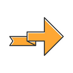 Orange arrow with folding line color icon. Right turning arrowhead. Next ribbon arrow. Navigation symbol. Indicating sign. Direction indexer, indicator. Motion designator. Isolated vector illustration
