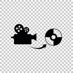 Storing video data to compact disk sign. Black icon on transparent background. Illustration.